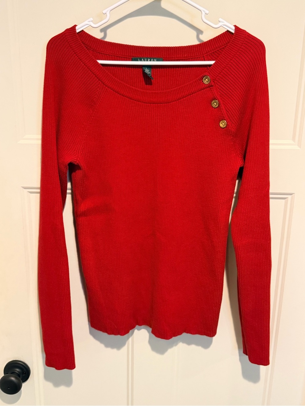 Lauren Ralph Lauren Red Button-Accent Ribbed Sweater - L